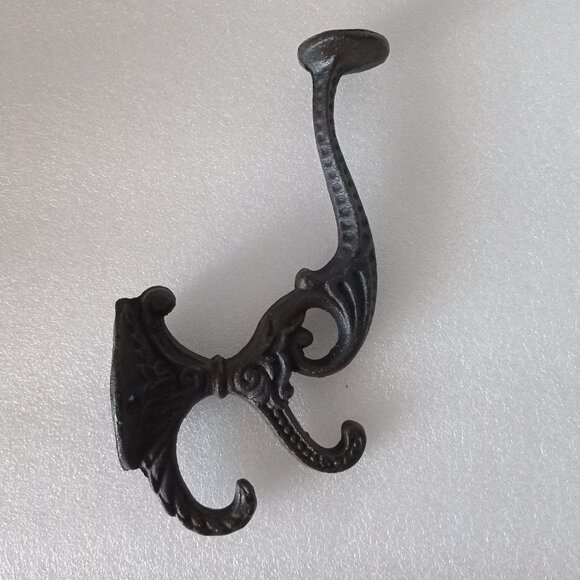 Lge HD Black Cast Iron Hook Antique Style 3-in1 Hat Coat Bag Hook Wall Hardware - Picture 1 of 4